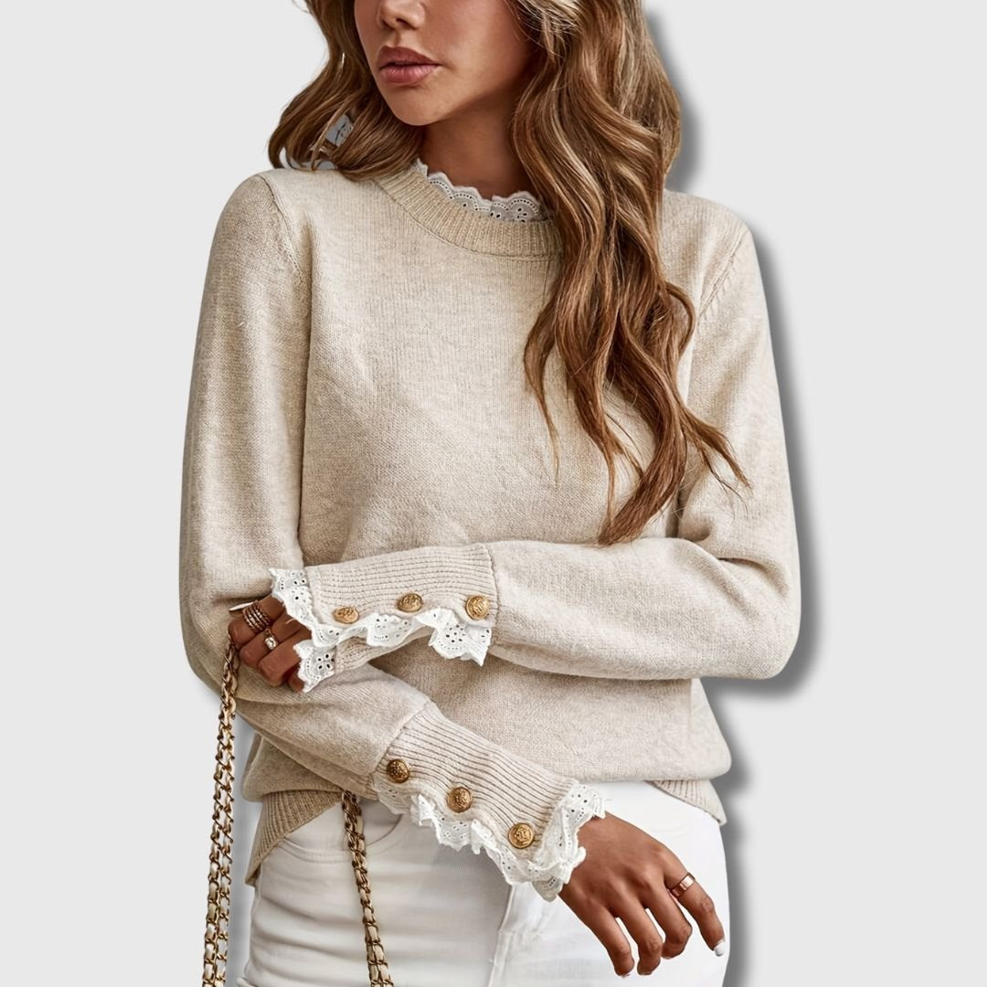 Comfortable Apricot Sweater for Women with Button Front Ribbed Lace Trim Everyday Style