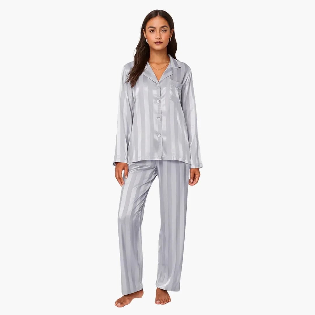 Comfortable Beige Pajamas for Women with Button Front Side Pockets Striped Relaxed Style