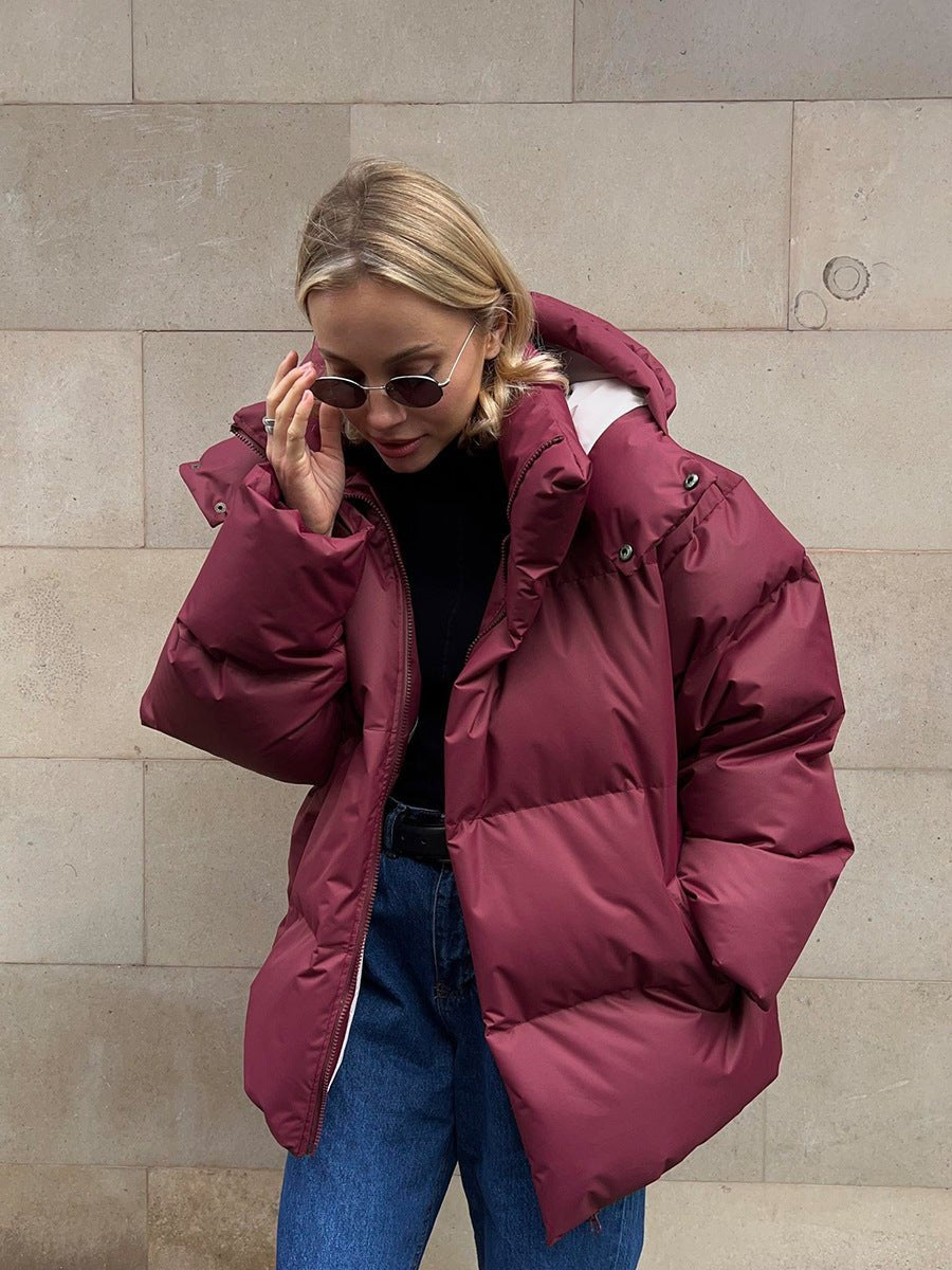 Comfortable Black Puffer Jacket for Women with Collared Zip Front Side Pockets Oversized Fit Quilted Layered Style