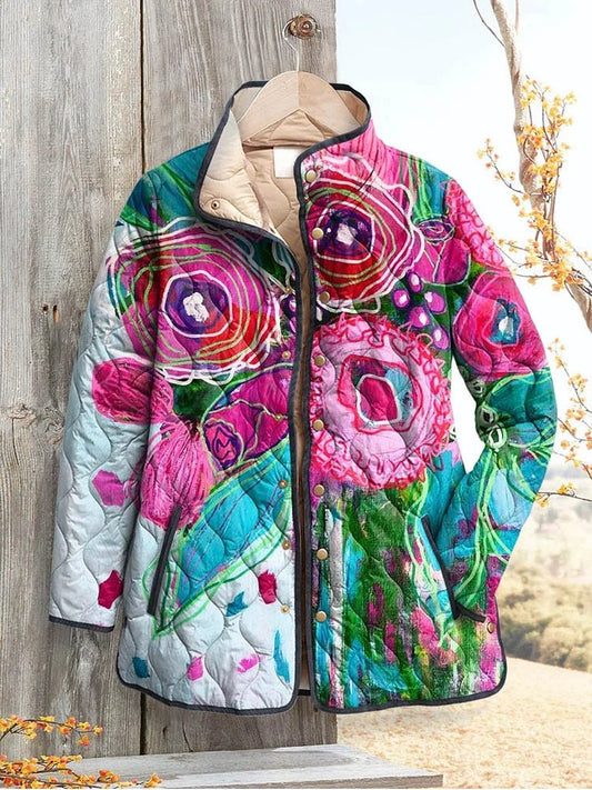 Comfortable Quilted Jacket for Women with Floral Print Plaid Relaxed Fit Everyday Style