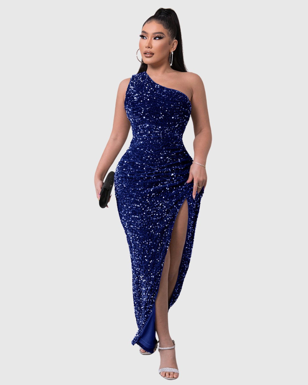Elegant Gray Sequin Dress for Women with One Shoulder Side Slit Relaxed Fit Cocktail Style