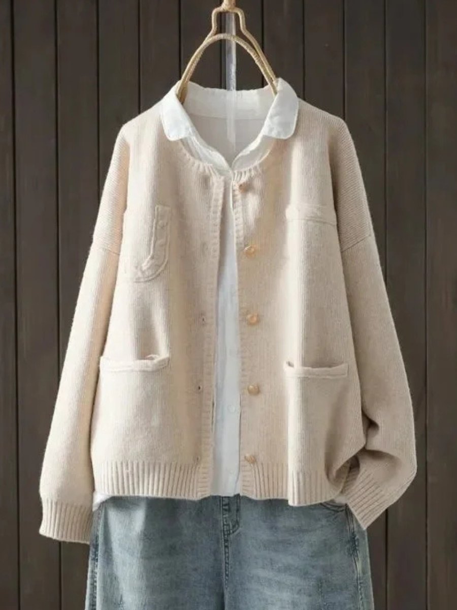 Comfortable Apricot Cardigan for Women with Round Neck Side Pockets Relaxed Fit Plaid Knit Cosy Style
