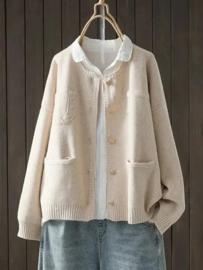 Comfortable Apricot Cardigan for Women with Round Neck Side Pockets Relaxed Fit Plaid Knit Cosy Style
