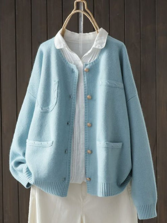 Comfortable Apricot Cardigan for Women with Round Neck Side Pockets Relaxed Fit Plaid Knit Cosy Style