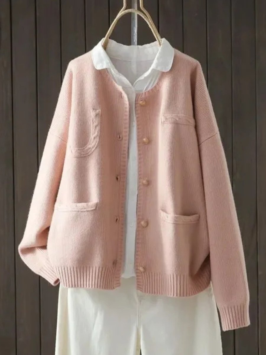 Comfortable Apricot Cardigan for Women with Round Neck Side Pockets Relaxed Fit Plaid Knit Cosy Style