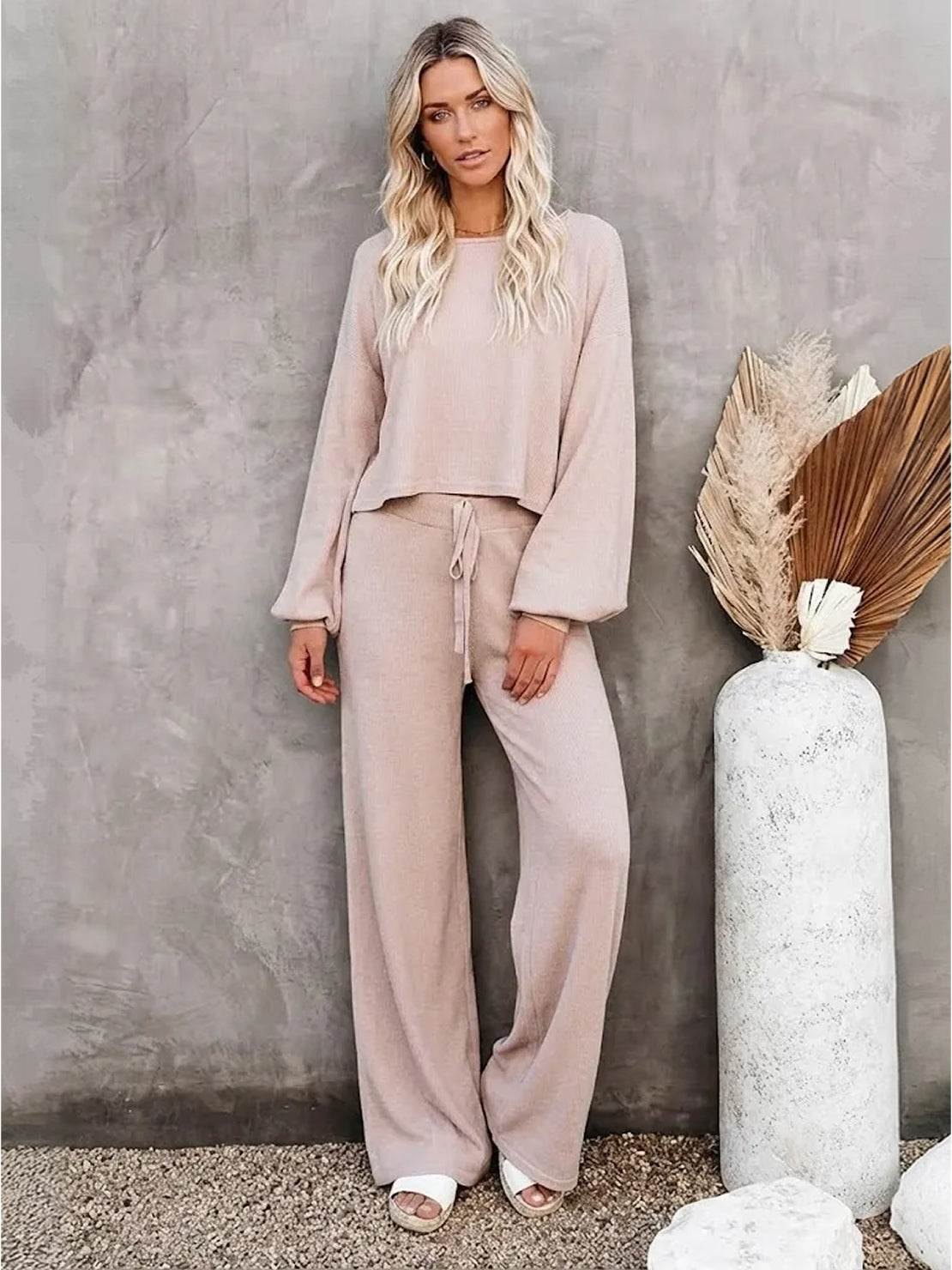 Comfortable Apricot PJ Pants for Women with Drawstring Waist Wide Leg Relaxed Fit Cropped Lounge Style