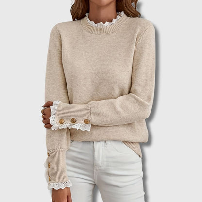 Comfortable Apricot Sweater for Women with Button Front Ribbed Lace Trim Everyday Style