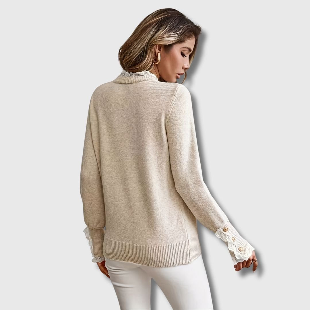 Comfortable Apricot Sweater for Women with Button Front Ribbed Lace Trim Everyday Style