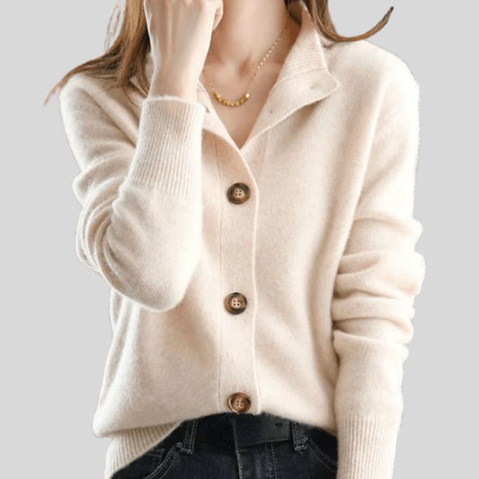 Comfortable Beige Cardigan for Women with Button Front Relaxed Fit Lace Trim Knit Cosy Style