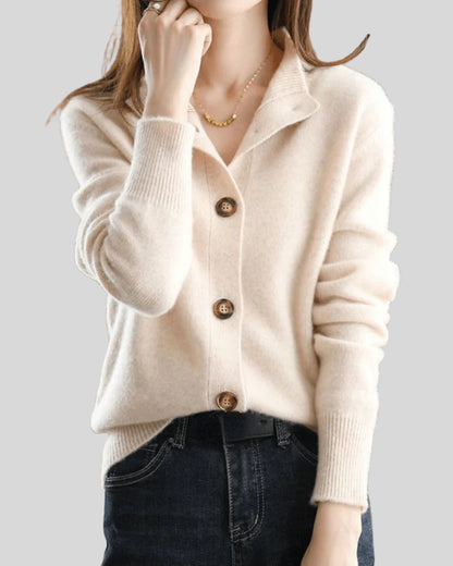 Comfortable Beige Cardigan for Women with Button Front Relaxed Fit Lace Trim Knit Cosy Style