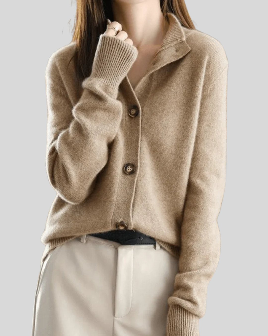 Comfortable Beige Cardigan for Women with Button Front Relaxed Fit Lace Trim Knit Cosy Style