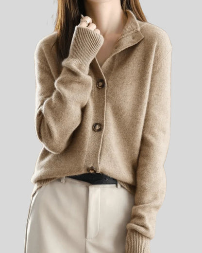 Comfortable Beige Cardigan for Women with Button Front Relaxed Fit Lace Trim Knit Cosy Style