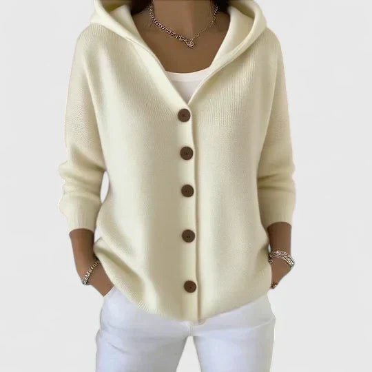 Comfortable Beige Cardigan for Women with Hooded Button Front Plaid Knit Relaxed Style