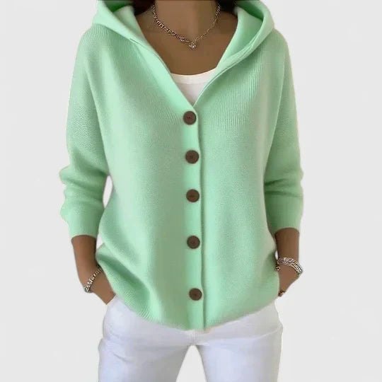 Comfortable Beige Cardigan for Women with Hooded Button Front Plaid Knit Relaxed Style