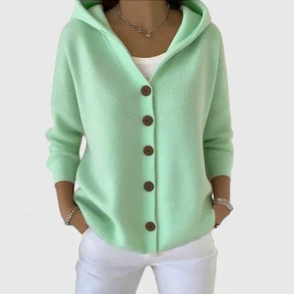 Comfortable Beige Cardigan for Women with Hooded Button Front Plaid Knit Relaxed Style