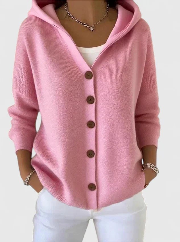 Comfortable Beige Cardigan for Women with Hooded Button Front Plaid Knit Relaxed Style