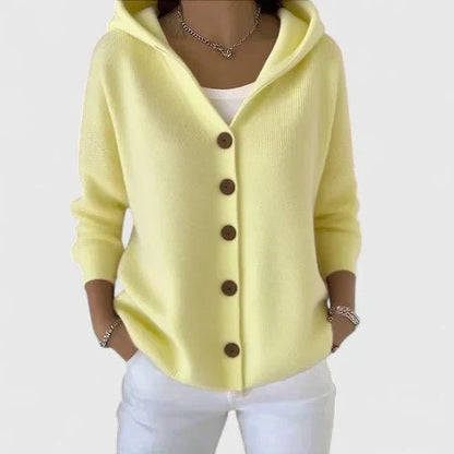 Comfortable Beige Cardigan for Women with Hooded Button Front Plaid Knit Relaxed Style