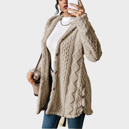 Comfortable Beige Cardigan for Women with Hooded Relaxed Fit Wrap Front Velvet Plush Layered Style