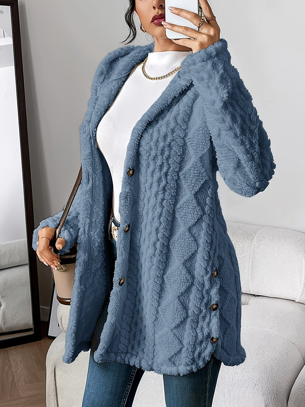 Comfortable Beige Cardigan for Women with Hooded Relaxed Fit Wrap Front Velvet Plush Layered Style