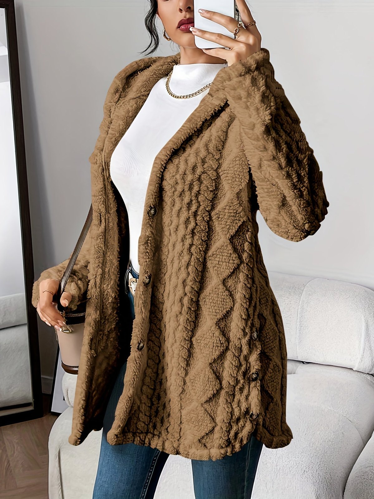 Comfortable Beige Cardigan for Women with Hooded Relaxed Fit Wrap Front Velvet Plush Layered Style