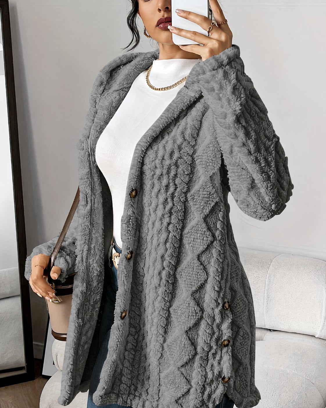 Comfortable Beige Cardigan for Women with Hooded Relaxed Fit Wrap Front Velvet Plush Layered Style