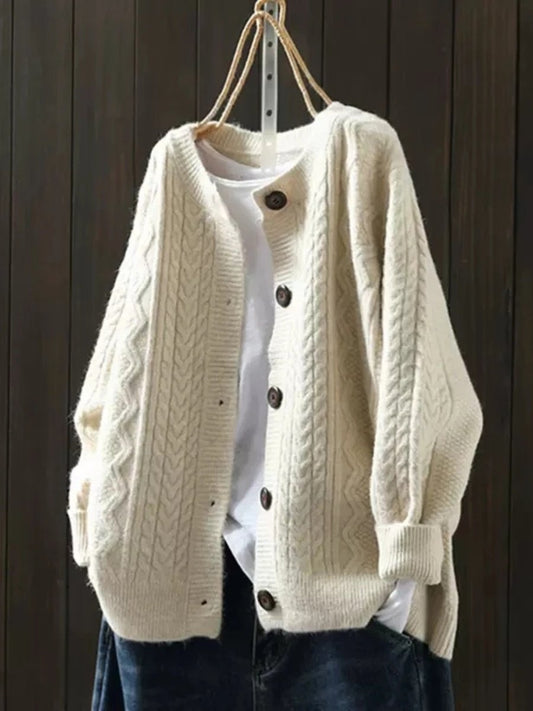 Comfortable Beige Cardigan for Women with Oversized Fit Relaxed Fit Cable Knit Knit Layered Style