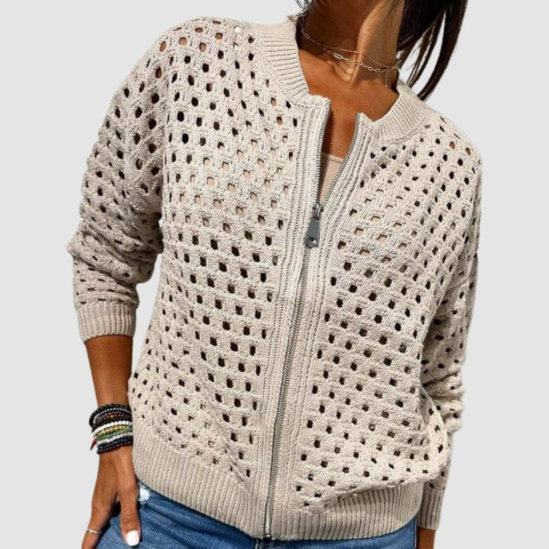 Comfortable Beige Cardigan for Women with Zip Front Plaid Knit Layered Style