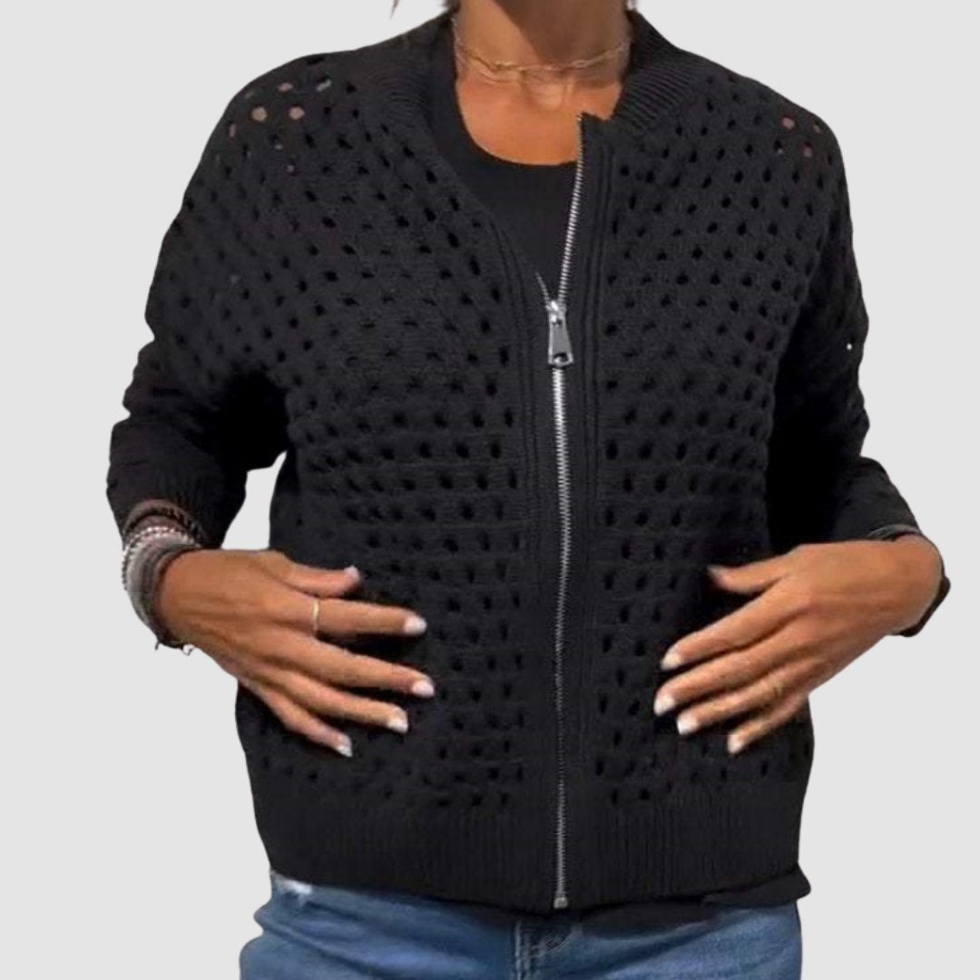Comfortable Beige Cardigan for Women with Zip Front Plaid Knit Layered Style