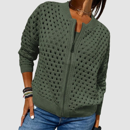 Comfortable Beige Cardigan for Women with Zip Front Plaid Knit Layered Style