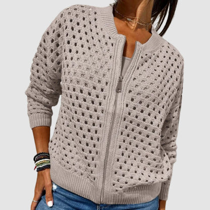 Comfortable Beige Cardigan for Women with Zip Front Plaid Knit Layered Style