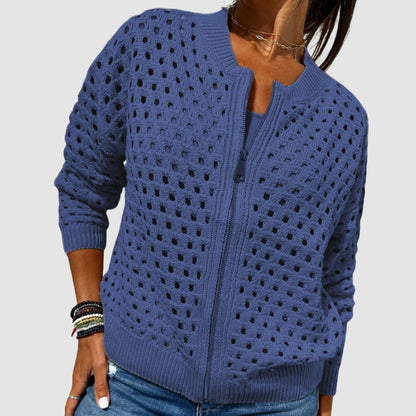 Comfortable Beige Cardigan for Women with Zip Front Plaid Knit Layered Style