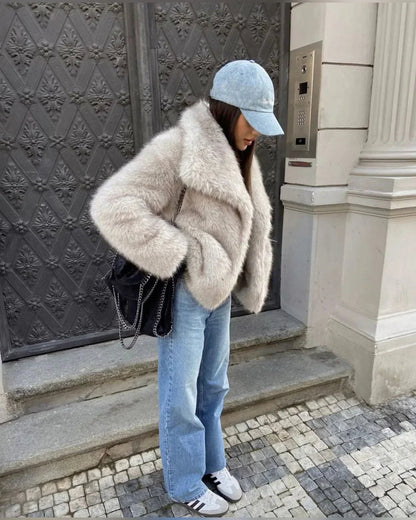 Comfortable Beige Faux Fur Coat for Women with Plush Relaxed Fit Soft Finish Everyday Style