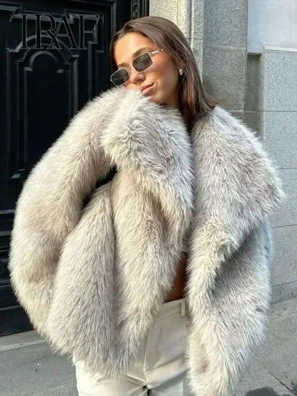 Comfortable Beige Faux Fur Coat for Women with Plush Relaxed Fit Soft Finish Everyday Style