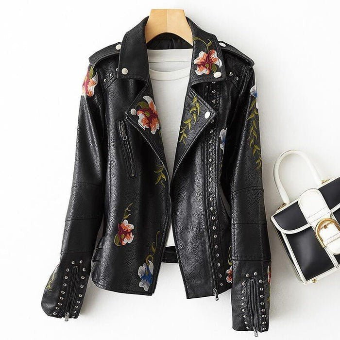 Comfortable Beige Faux Leather Coat for Women with Lapel Collar Zip Front Cropped Floral Print Everyday Style