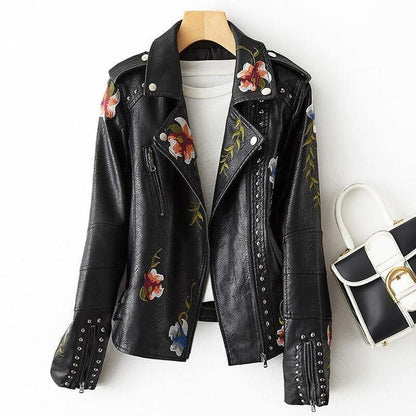 Comfortable Beige Faux Leather Coat for Women with Lapel Collar Zip Front Cropped Floral Print Everyday Style