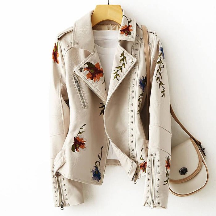 Comfortable Beige Faux Leather Coat for Women with Lapel Collar Zip Front Cropped Floral Print Everyday Style