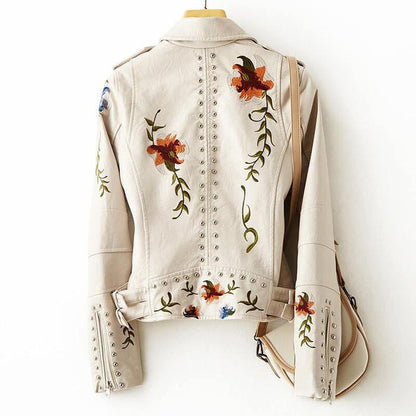 Comfortable Beige Faux Leather Coat for Women with Lapel Collar Zip Front Cropped Floral Print Everyday Style