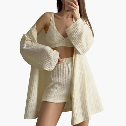 Comfortable Beige Loungewear Set for Women with Long Sleeve Elastic Waist Relaxed Fit Lounge Style