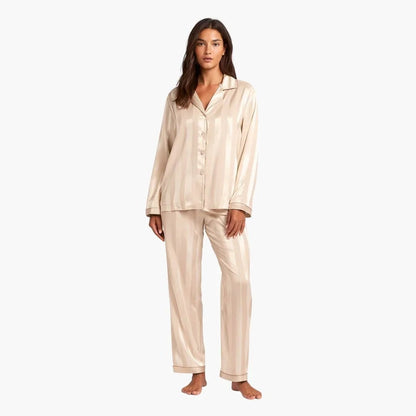 Comfortable Beige Pajamas for Women with Button Front Side Pockets Striped Relaxed Style