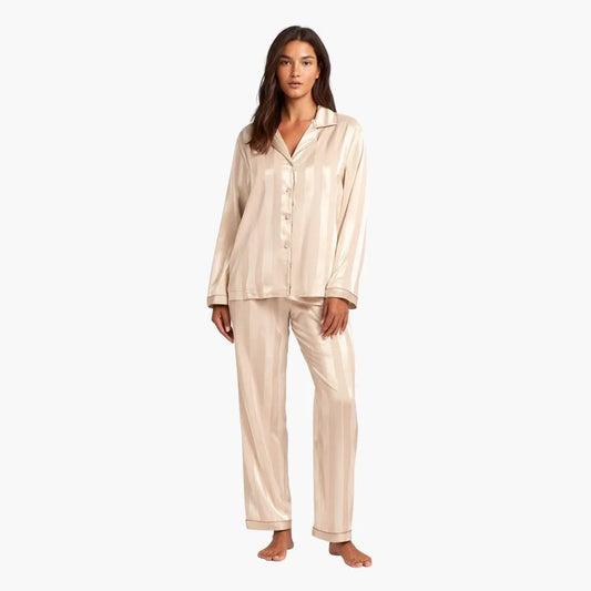 Comfortable Beige Pajamas for Women with Button Front Side Pockets Striped Relaxed Style