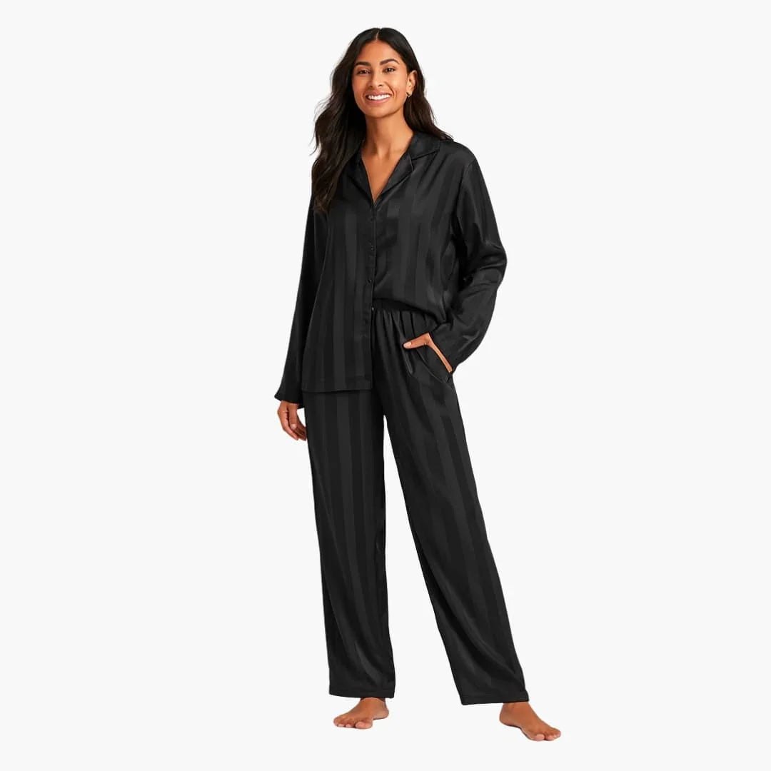 Comfortable Beige Pajamas for Women with Button Front Side Pockets Striped Relaxed Style