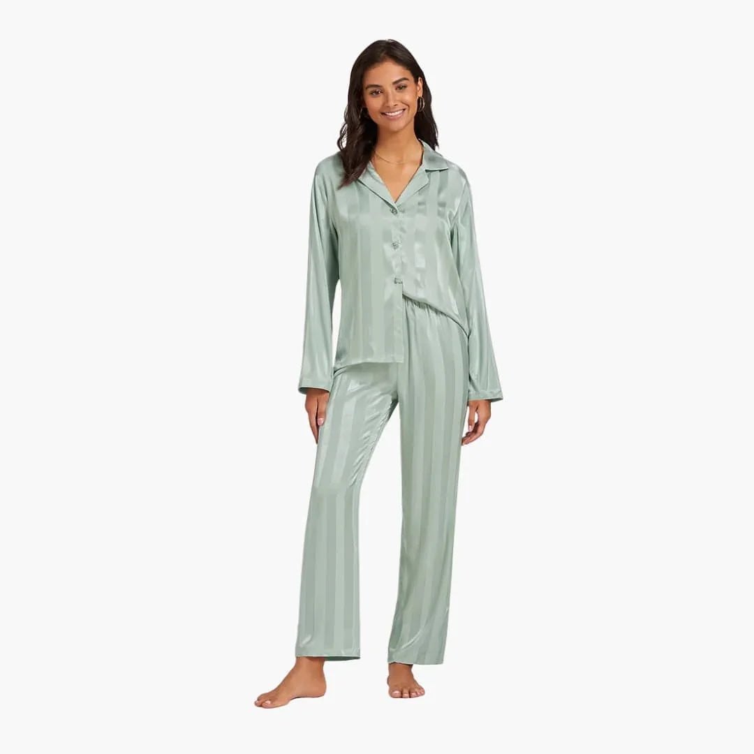 Comfortable Beige Pajamas for Women with Button Front Side Pockets Striped Relaxed Style