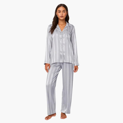 Comfortable Beige Pajamas for Women with Button Front Side Pockets Striped Relaxed Style