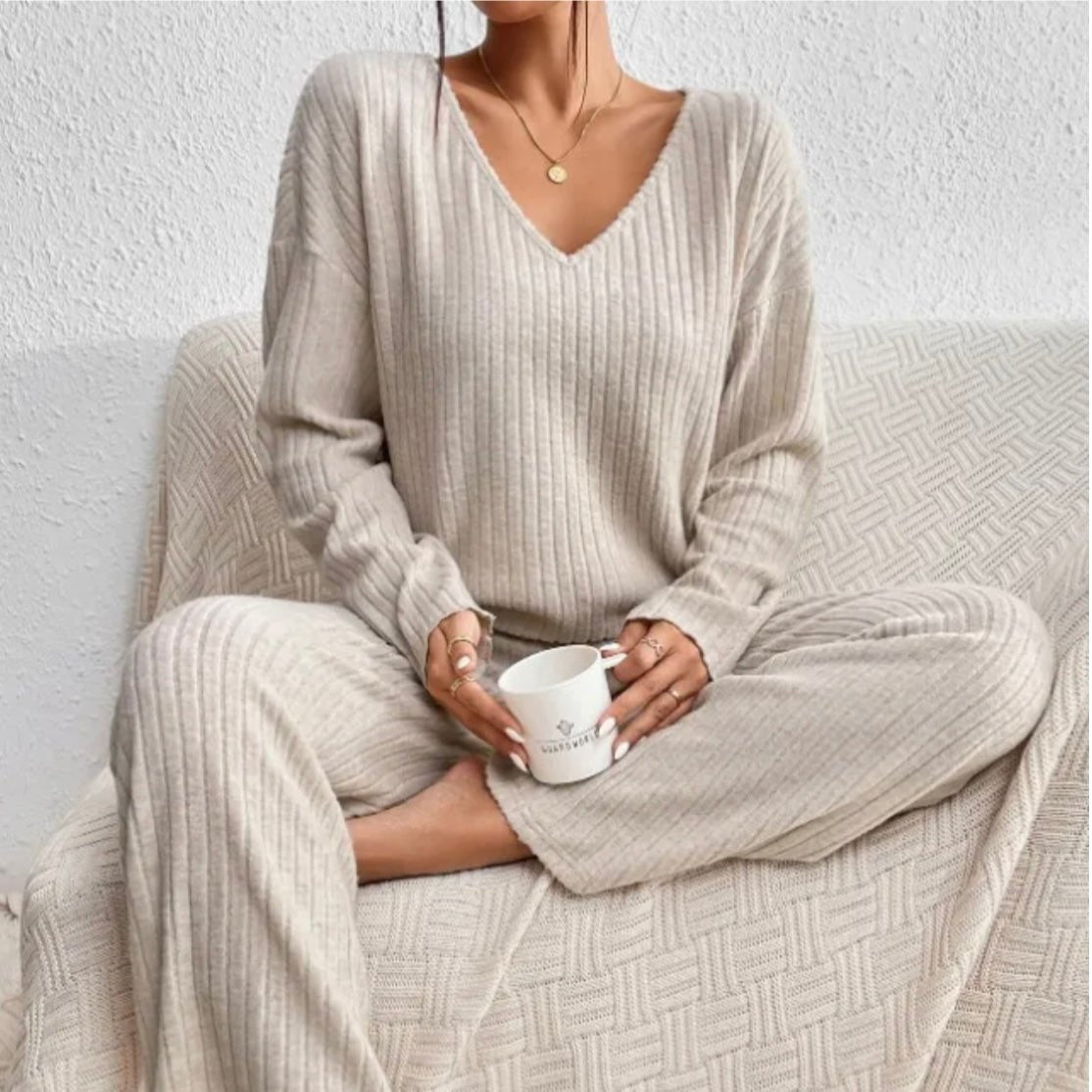 Comfortable Beige PJ Pants for Women with V Neck Relaxed Fit Ribbed Knit Everyday Style