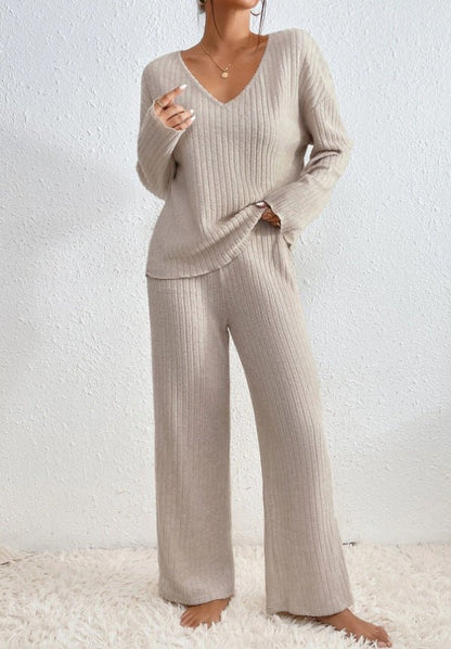 Comfortable Beige PJ Pants for Women with V Neck Relaxed Fit Ribbed Knit Everyday Style