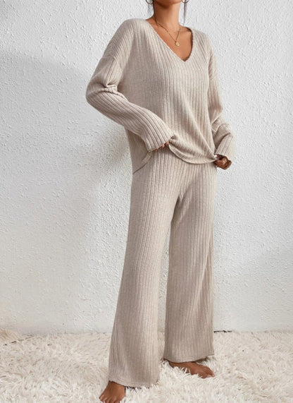 Comfortable Beige PJ Pants for Women with V Neck Relaxed Fit Ribbed Knit Everyday Style