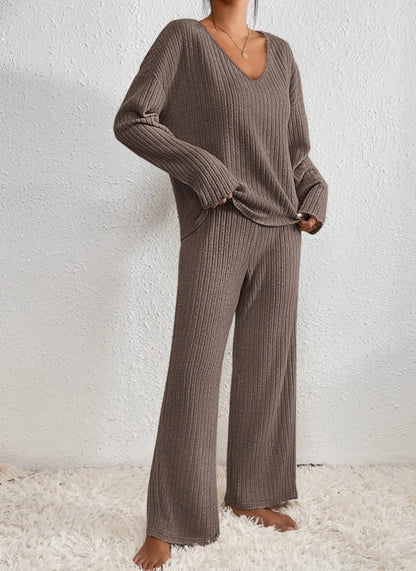 Comfortable Beige PJ Pants for Women with V Neck Relaxed Fit Ribbed Knit Everyday Style