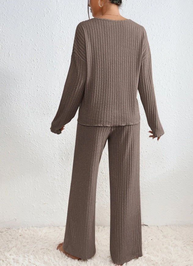 Comfortable Beige PJ Pants for Women with V Neck Relaxed Fit Ribbed Knit Everyday Style
