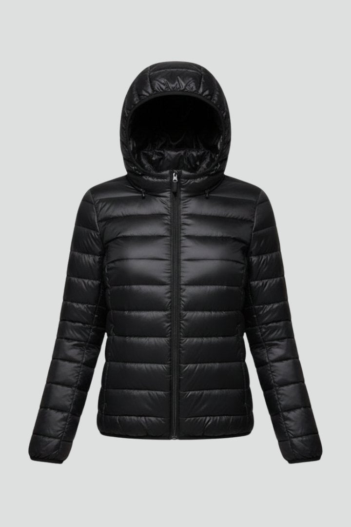 Comfortable Beige Puffer Jacket for Women with Hooded Zip Front Quilted Layered Style