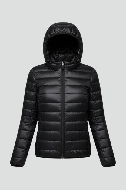 Comfortable Beige Puffer Jacket for Women with Hooded Zip Front Quilted Layered Style